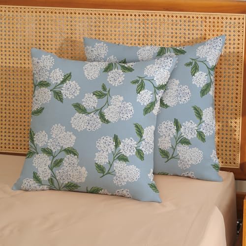 Light Blue Pillow Covers 20x20 Inch 2 Pcs Blue Green Hydrangea Flower Decor Throw Pillows Vintage Floral Seasonal Spring Summer Outdoor Decoration Pillowcase Linen Cushion Cover for Couch Sofa - Image 2
