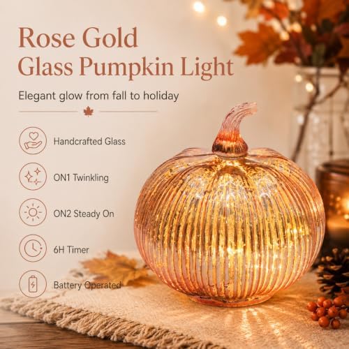 Rose Gold Glass Pumpkin Light with 2 Lighting Modes and 6-Hour Timer, 5.5 x 6 Inch Battery Operated Mercury Glass Pumpkin Decor for Fall, Thanksgiving and Holiday Table Centerpiece - Image 2