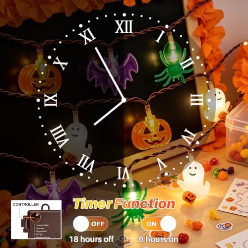 LAMPHOME Halloween String Lights, 20 LED Pumpkin Ghost Bat Spider Decor Lights, Battery Operated with Timer, 8 Modes Waterproof Fairy Lights for Indoor Outdoor Halloween Party Home Decor - Image 7