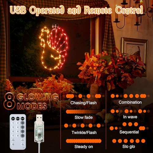 Hiboom Turkey String Lights Thanksgiving Window Decorations, 12 Inch 8 Flicker Modes Waterproof Turkey Window Silhouette Light USB Operated with Remote Control & Timer for Thanksgiving Decorations - Image 3
