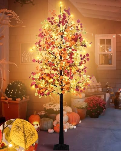 Agusbagli 7FT 128LED Artificial Lighted Fall Eucalyptus Tree, Fall Decorations for Home with Timer Dimmable 8 Modes Fall Light Up Tree with 768 Leaves for Indoor Outdoor Autumn Thanksgiving Decor by Agusbagli