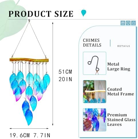 YU FENG 12.5 Inch Handmade Stained Glass Leaf Wind Chimes Window Decor - Image 2