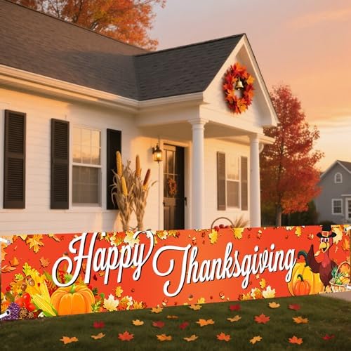 Happy Thanksgiving Banner Outdoor，Large Fall Banner for Thanksgiving Decorations Maple Leaf Turkey Pumpkin Decorations Fall Yard Banner for Party Supplies, Yard Sign Background Photography - Image 6