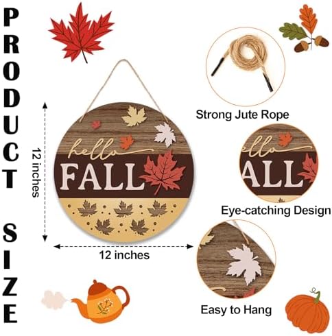 Hello Fall Door Sign - 12 Inch Autumn Welcome Sign for Front Door, Thanksgving Farmhouse Wooden Wall Decor for Indoor Outdoor Porch -B04 - Image 2