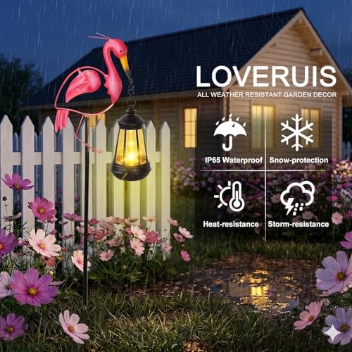 LOVERUIS Solar Garden Decor Lights Outdoor Waterproof, Metal Flamingo Stakes with Solar Lanterns, Solar Garden Lights for Decorative Yard Art Outside Patio Lawn Ornaments, Gifts for Women Mom - Image 2