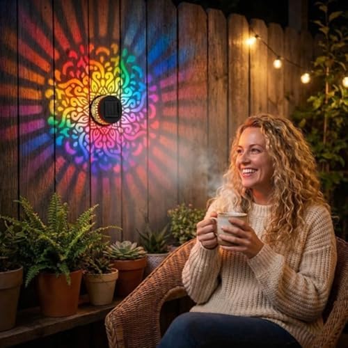 Lscsdf Seven-Color Changing Solar Mandala Projection Wall Light Decorative Solar Mandala Lights Outdoor Waterproof Metal Fence Lights for Yard Garden Post Patio Backyard Decor (4pcs) - Image 4
