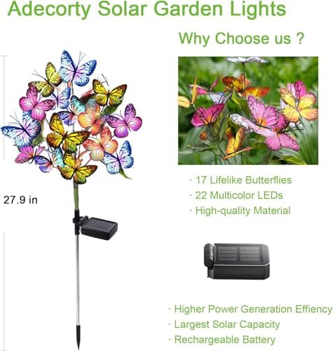 Adecorty Solar Garden Lights Outdoor Waterproof Decorative Solar Lights Outdoor 8 Pack with 176 LED 136 Butterfly Flower Garden Decor Yard Decorations Patio Lawn, Gifts for Mother's Day Mom Women - Image 5