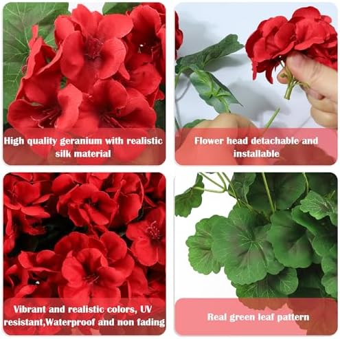 Geranium Artificial Flowers for Outdoors Spring UV Resistant Silk Geranium Red Fake Flower Outdoor Plants for Garden Home Porch Courtyard Window Box Decoration 4 Pcs - Image 3
