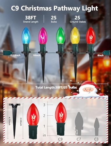 C9 Multicolor Christmas Pathway Lights,38FT 25 Pcs Multicolored Extendable Waterproof Christmas Walkway Lights with Multicolor Bulbs and Stakes for Outdoor Lawn Garden Sidewalk Xmas Decorations - Image 2