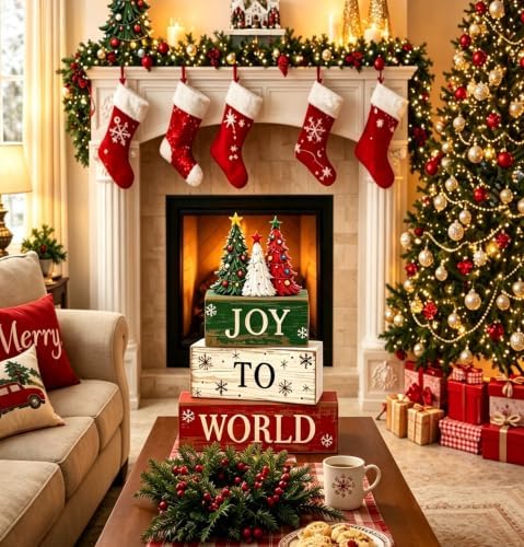 4 Pcs Christmas Tiered Tray Decor, Rustic Distressed Wooden Stacked Block Signs, 3‑Color Christmas Tree 3D Topper Xmas Table Centerpiece, Farmhouse Winter Holiday Mantel Kitchen Shelf Decor - Image 6