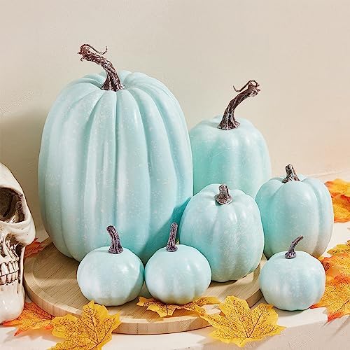 Lucakuins 7Pcs Artificial Pumpkins Fall Decoration Assorted Faux Pumpkin Cute Foam Pumpkins for Home Outside Halloween Decorating (Blue1, One Size) - Image 5