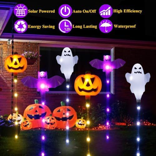 Halloween Decorations Outdoor Solar Pumpkin Bat Ghost Garden Stake Lights, 6-Pack 8 Modes Solar Halloween Lights Waterproof for Outside Home Patio Yard Pathway Grave Lawn Porch Party Decor - Image 2