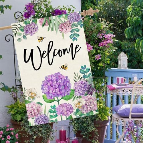 Baccessor Summer Hydrangea House Flag Double Sided 28x40 Inch, Purple Flower Floral Welcome House Flag Burlap Seasonal Farmhouse Yard Outdoor Decoration (Large) - Image 2
