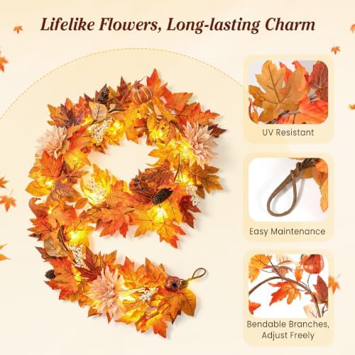 Lewondr 6ft Fall Garland with Lights for Mantel, 20 LED, Fruits & Dahlia - Image 4