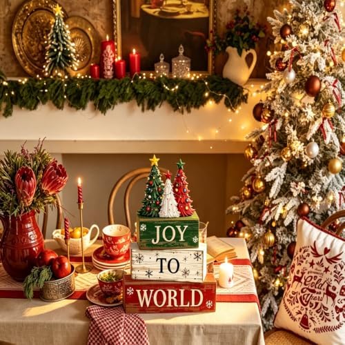 4 Pcs Christmas Tiered Tray Decor, Rustic Distressed Wooden Stacked Block Signs, 3‑Color Christmas Tree 3D Topper Xmas Table Centerpiece, Farmhouse Winter Holiday Mantel Kitchen Shelf Decor - Image 2