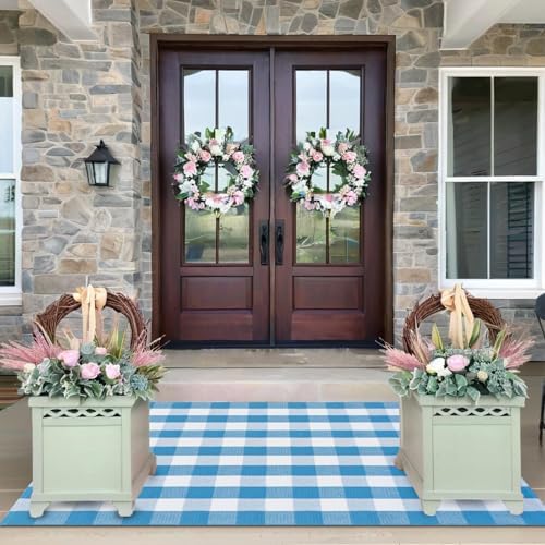 Ckorzen Blue and White Plaid Rug, 4' x 6' Spring Outdoor Front Porch Door Decor Mat, Washable Cotton Woven Farmhouse Area Rug for Layered Door Mats Carpet, Entryway, Easter Décor by Ckorzen