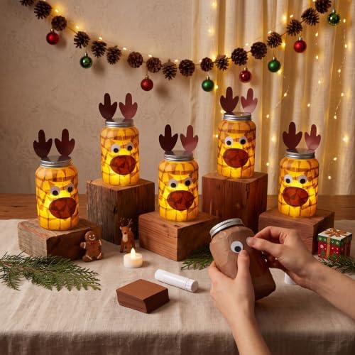 Qinyoung 12 Pcs Christmas Crafts Reindeer Mason Jars Crafts with LED Candle Light DIY Suncatchers Decoration Make Your Own Xmas Reindeer Mason Jars Tissue Paper Supply for Christmas Projects Activity - Image 3
