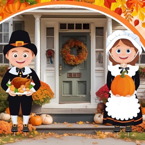 Yuntau 4 Pcs Large Thanksgiving Pilgrim Boy and Girl and Native American Boy and Girl Yard Sign Decor with Stakes Waterproof Outdoor Garden Pumpkin Turkey Yard Stake Autumn Lawn Decor,14 x 35 Inch - Image 5