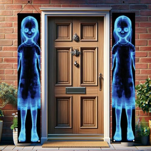2PCS Halloween Ghost Girl Porch Banners 71 x 12 Inch Creepy Blue Hologram Haunted Spirit Door Decorations Spooky Horror Hanging Signs for Indoor Outdoor Scary Party Entryway Wall Décor - Image 4
