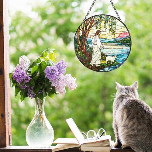Jesus and Lamb Stained Glass Window Hanging Suncatcher, Christian Willow Tree Sun Catcher Indoor Window Decor, Religious Painted Glass Round Wall Hanging Decorations, 7.8x7.8 in - Image 2