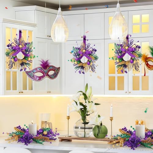 6 PCS Mardi Gras Purple and Green Glitter Mini Cabinet Wreaths for Front Door Carnival Party Decor Wreath Mardi Gras Hanging Garlands Candle Rings for Front Door Home Window Chair Wall Indoor Outdoor - Image 6