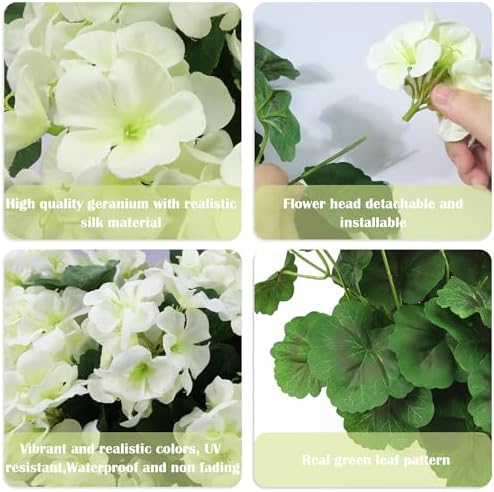 Geranium Artificial Flowers for Outdoors Spring UV Resistant Silk Geranium White Fake Flower Outdoor Plants for Garden Home Porch Courtyard Window Box Decoration 4 Pcs - Image 3