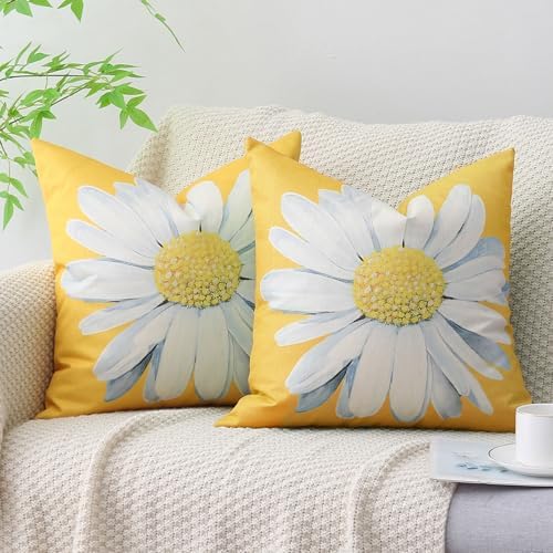 Spring Summer Outdoor Waterproof Pillow Covers 18 x 18 Inch Set of 2 Yellow Daisy Flower Decorative Cushion Cases for Sofa Couch Garden Patio - Image 6