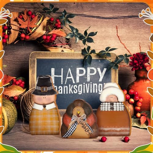 Colingmill 3 Pcs Thanksgiving Table Decor Wooden Turkey Pilgrim Couple - Image 4