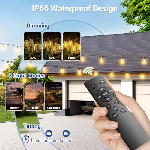 50FT Solar String Lights Outdoor Waterproof, 18+1 LED Solar Powered Lights with Remote Control, 3 Light Modes & Dimmable, USB-C Charging for Patio, Backyard, Garden, Camping - Image 2
