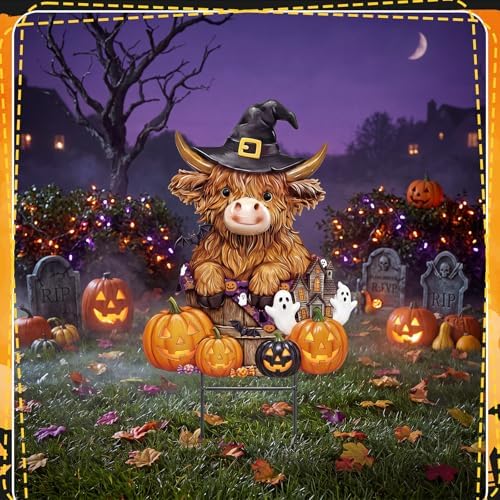 Amyhill Halloween Highland Cow Outdoor Decor Metal Garden Stakes with Pumpkins Bats Yard Signs for Halloween Outdoor Lawn Porch Backyard Holiday Lawn Decorations - Image 2