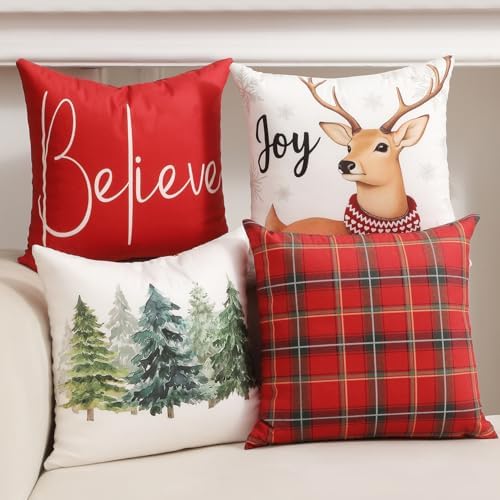 TOYPOPOR Christmas Decorations, Double Sided Plaid Throw Pillow Covers 18x18 Inches Set of 4, Christmas Tree, Snowflakes, Merry Christmas, Snowman Reindeer Winter Holiday Pillowcase for Sofa Couch by TOYPOPOR