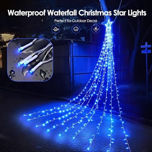 WBao 344 LED Christmas Lights Outdoor Decorations with 12" Star Topper, 11.9ft Waterfall Christmas Lights, Remote Control 8 Modes, 3 Timers, UL Listed Waterproof for Tree Roof Porch Xmas Decor, Blue - Image 3