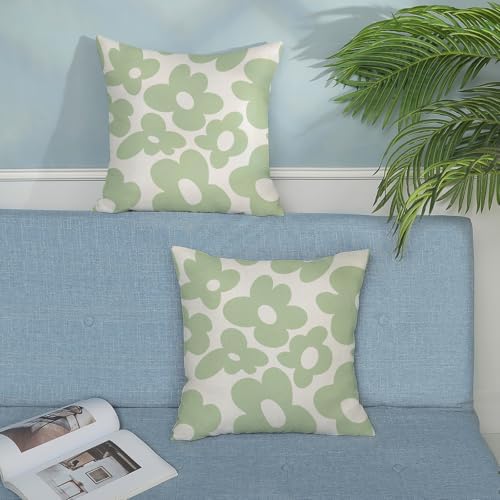 Sage Green Pillow Covers 18x18 Inch Set of 2 Green Cute Floral Throw Pillows Daisy Flower Decor Outdoor Pillow Cases Linen Spring Summer Farmhouse Decoration Cushion Cover for Couch Sofa Bed - Image 4