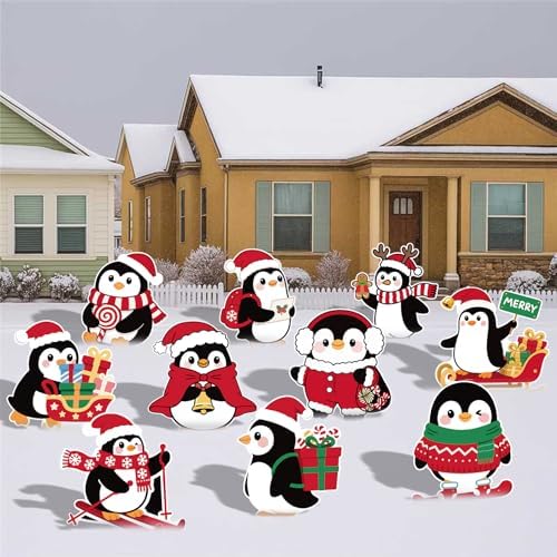 10-Piece Christmas Penguin Yard Signs with Stakes Decorations – 10 Assorted Designs 12 Inches Large Holiday Penguin Signs for Outdoor Garden and Lawn Winter Party Favor by PhyLence