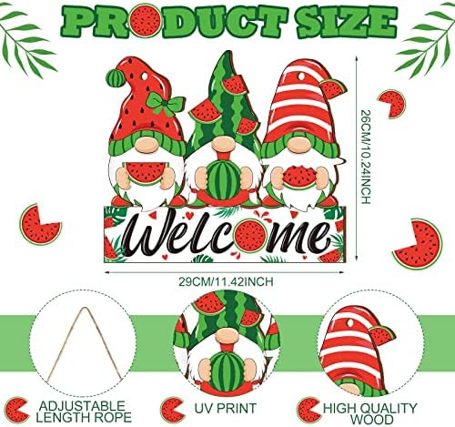 Summer Welcome Sign Wooden Watermelon Gnome Hanging Sign Holiday Door Sign with Ropes Hanging Decoration with Watermelon for Summer Front Door Porch Farmhouse Outdoor Home Decor (Watermelon Gnome) - Image 3