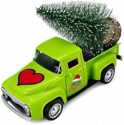 Christmas Green Truck Decor, 4.9 Inch Vintage Metal Pickup Truck with Christmas Tree, Mini Farmhouse Holiday Tabletop Decoration for Tiered Tray, Kitchen, Living Room and Christmas Centerpiece by YIPRONS