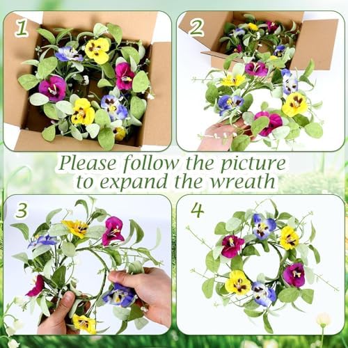6 PCS Summer Floral Wreaths for Kitchen Cabinet Artificial Pansy Flowers Wreaths with Fern Branches Flocked Lamb Ear Leaves Mini Wreath Spring Floral Small Wreath for Table Centerpiece Farmhouse Decor - Image 4