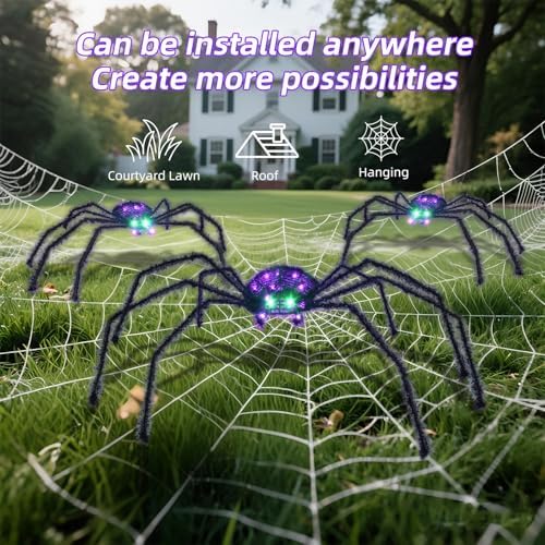 HOYECHI 3-Piece Lighted Halloween Spider - Holiday Decorations Outdoor Set of 3 Spider with 35 LED Lights for Front Yard Porch Gardens Party Outside Halloween Decor - Black - Image 5