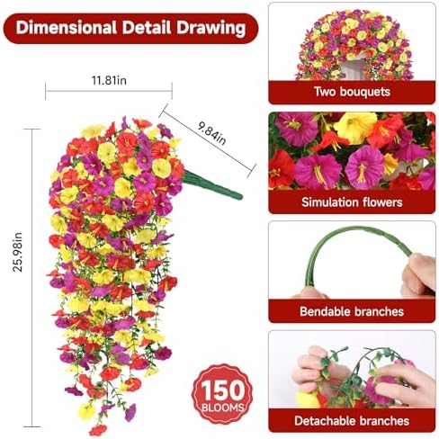 Artificial Hanging Flowers for Outdoors, 4 PCS 600 Blooms UV Resistant Morning Glory Faux Silk Vines, No-Odor Realistic Fake Plants for Garden Planter Porch Patio Decoration, Purple & Yellow & Red - Image 3
