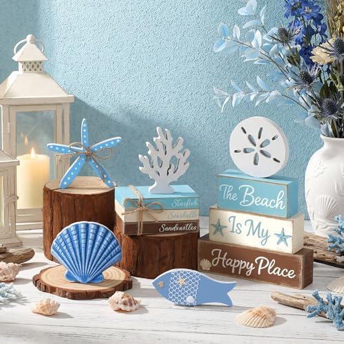 Vercraft 11 Pcs Sea Table Decorations Set Ocean Coastal Tiered Tray Decor Summer Wood Block Sign Gift The Beach Is My Happy Place Starfish Seashell Coastal Centerpiece Summer Party Supplies Shelf - Image 6