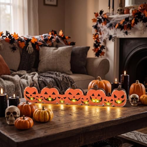 Yousoontic Halloween Table Decorations, Light up Pumpkin Table Centerpieces Spooky Wooden Sign Decorations with LED Lights 3D Block Pumpkin Decor for Halloween Tabletop Mantel Desk Home Office Party - Image 2