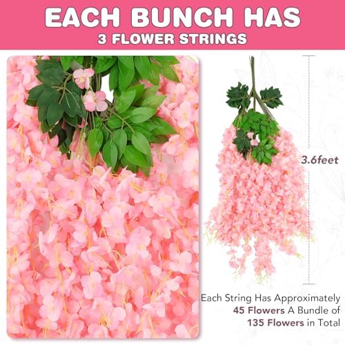 Alotiki Pink Wisteria Hanging Flowers, 12 Pack Fake Hanging Flowers - Image 2