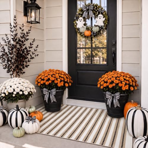 Moucuny 2' X 3' Khaki Black White Fall Vertical Stripe Outdoor Rug by Moucuny