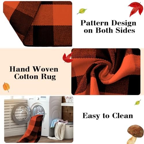 2 Pcs Fall Door Mat Combo Set Imitation Coir Welcome Mat, 43" x 28" Buffalo Plaid Rug Outdoor for Fall Halloween Thanksgiving Rustic Farmhouse Indoor Autumn Mats Hello Pumpkin (Orange and Black Plaid) - Image 5