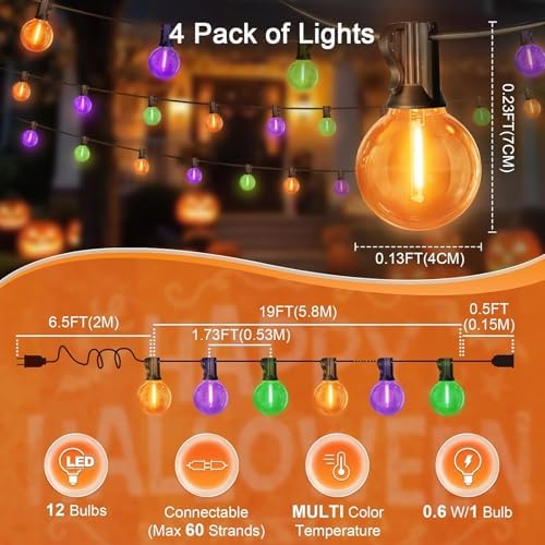 LAMPHOME Globe Outdoor Halloween String Lights,2 Pack 26FT Patio Lights with 12+1 Edison Shatterproof Bulbs, Connectable Dimmable Waterproof for Backyard Porch Halloween Decor, Orange Green Purple - Image 2