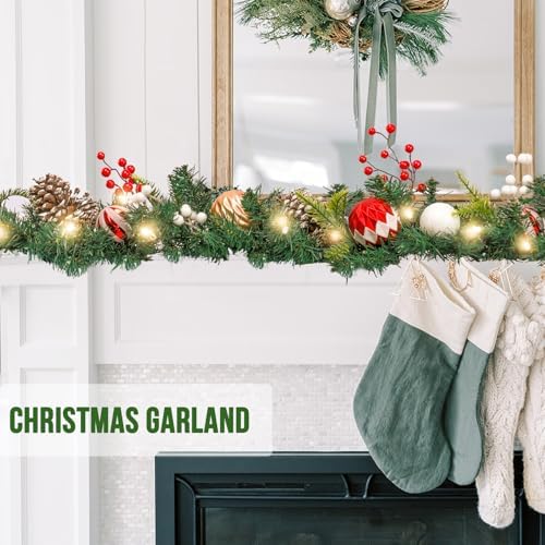 MUMTOP Christmas Garlands Decoration, 6 FT Battery Operated Christmas Garland with LED Light and Pine Cones Red Berries Candy Christmas Ball for Front Door Fireplace Mantel Table Window Home Decor - Image 2