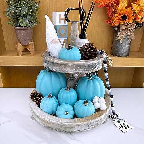Winlyn 7 Pcs Assorted Artificial Teal Blue Pumpkins Halloween Faux Coastal Decorative Foam Pumpkins for Fall Baby Shower Thanksgiving Halloween Table Centerpiece Shelf Mantel Décor - Image 3