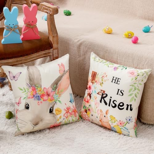 multiwins 8-Sided Easter Pillow Covers Set of 4 with 2 Wooden Bunny Decorations, 18 x 18 Inch Reversible Decor with Bunny, Floral Eggs & “He is Risen” Prints for Indoor/Outdoor, Spring Holiday Decor - Image 5