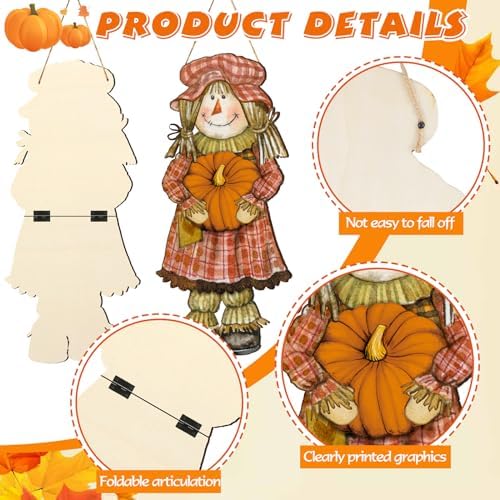 Barydat 2 Pcs Fall Scarecrow Hanging Sign Wooden Door Decor - Image 3
