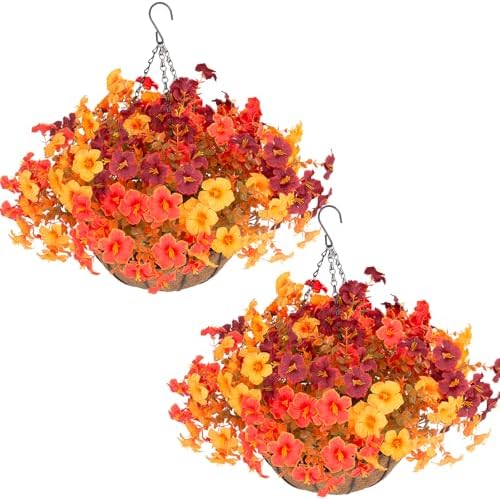 Daynight 2 Set Artificial Outdoor Fall Flowers with Hanging Baskets, 24 Pcs Faux Petunias Flowers with Hanging Planter for Outside Porch Yard Garden Autumn Decor (2, Orange) by DaynightFloral